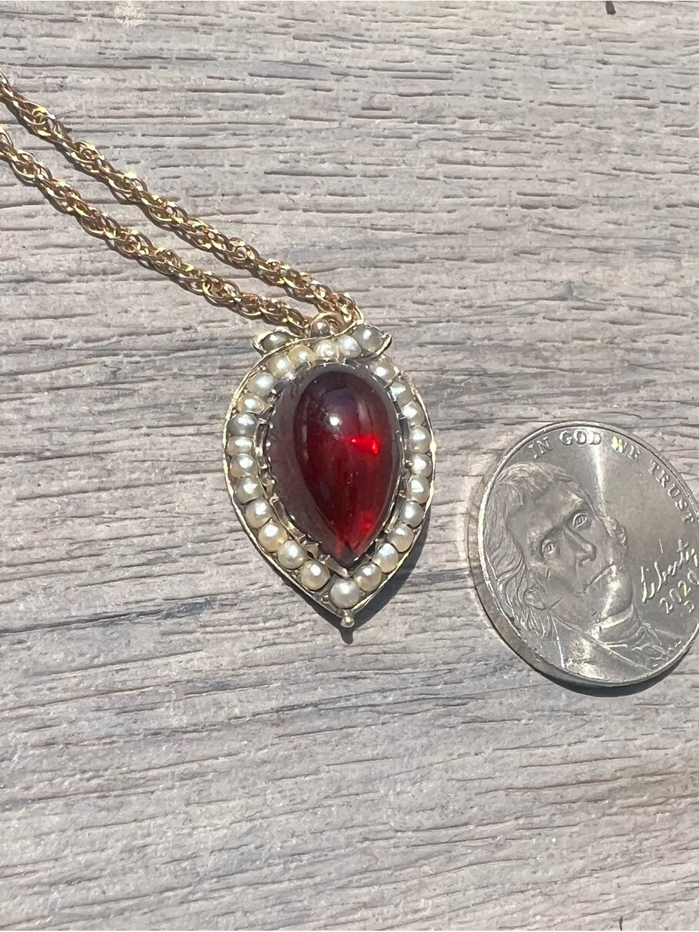 Vintage Gold-Tone Pendant Necklace with Deep Red Teardrop Stone and Pearl Halo - Picture 4 of 4